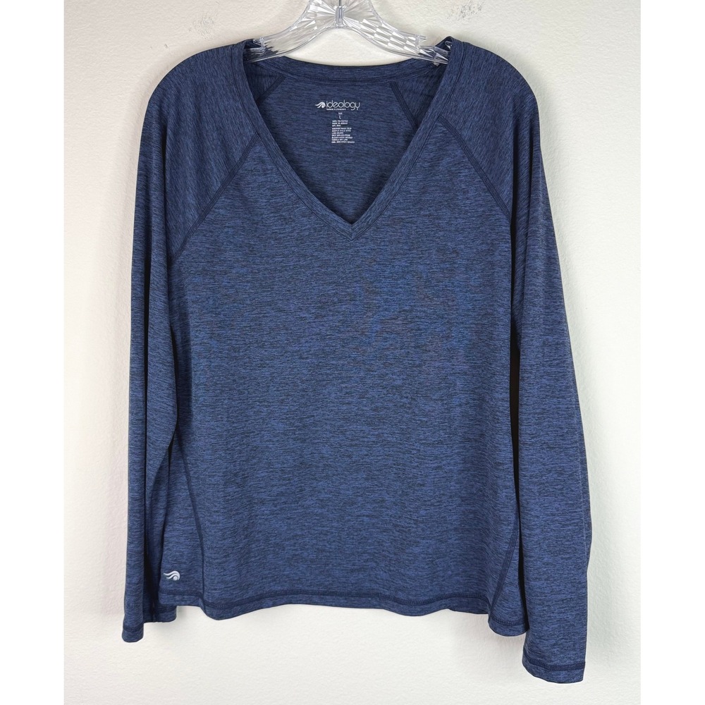Ideology Top Women L Blue V-Neck Long Sleeve Space Dye Activewear Heathered